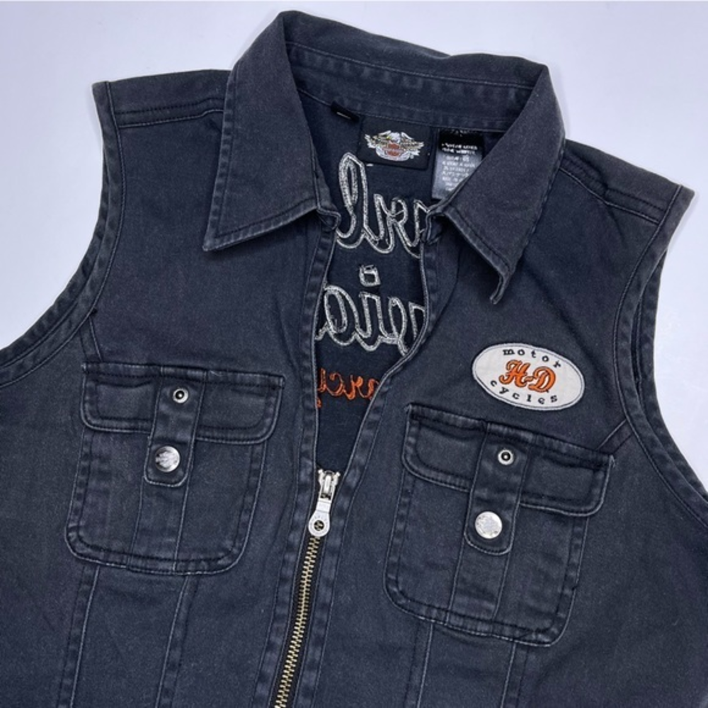 Harley Davidson Black Denim Biker Vest Embroidery‎ Patches Size Small